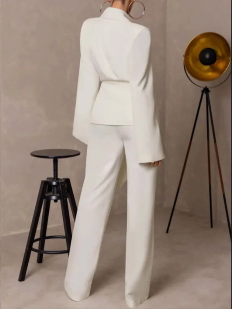 Elegantno žensko odijelo s hlačama, bijeli sako dugih rukava + hlače širokih nogavica, radna odjeća, modni poslovni uredski ženski kompleti sakoa od 2 komada