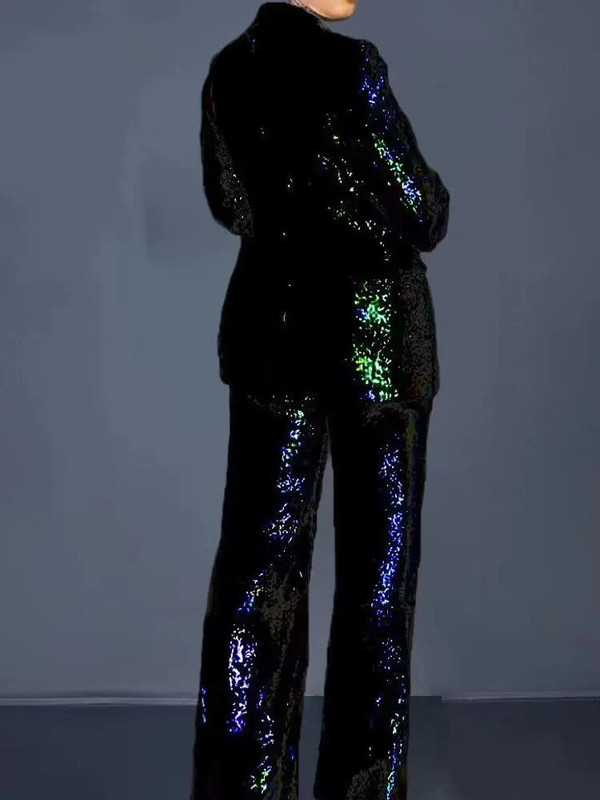 Női flitteres nadrágkosztüm 2023-as új divatos üzleti karcsú blézer és széles szárú nadrág High Street elegáns irodai női kétrészes szett