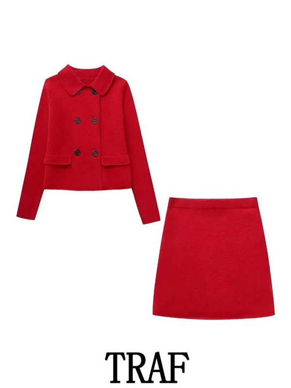 TRAF 2023 naiste 2-osalised komplektid Moodsad lühikesed kaherealised bleisermantlid + miniseelikud A-Line seelikud Elegantsed sügisesed komplektid