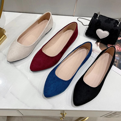 Women Flats Faux Suede Boat Shoes Pointed Toe Slip on Comfortable Ladies Shoes Black Loafers Shallow Single Shoes Blue Red 1057C