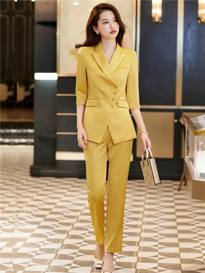 Ženski kompleti hlača Plavi kaki sako do pola rukava i hlače 2 komada Elegantna proljetna ljetna uredska ženska radna odjeća