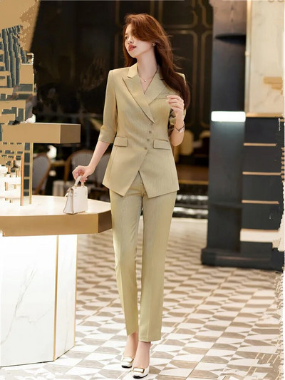 Ženski kompleti hlača Plavi kaki sako do pola rukava i hlače 2 komada Elegantna proljetna ljetna uredska ženska radna odjeća