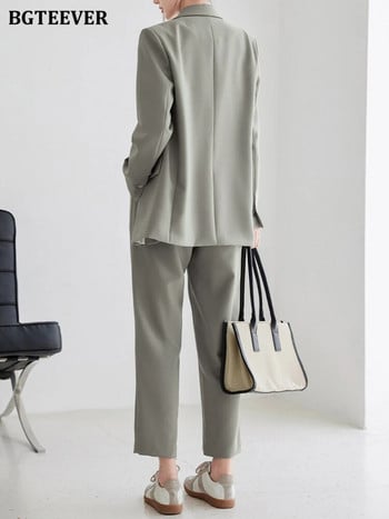 BGTEEVER Άνοιξη 2 Τεμάχια Γυναικείο Σετ σακάκι με μακρυμάνικο σακάκι μονό κουμπί και παντελόνι με φαρδύ πόδι Γυναικεία κοστούμια παντελόνι