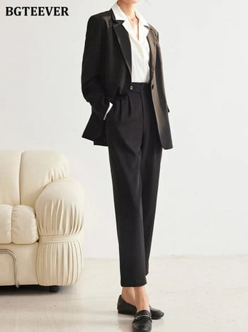 BGTEEVER Άνοιξη 2 Τεμάχια Γυναικείο Σετ σακάκι με μακρυμάνικο σακάκι μονό κουμπί και παντελόνι με φαρδύ πόδι Γυναικεία κοστούμια παντελόνι