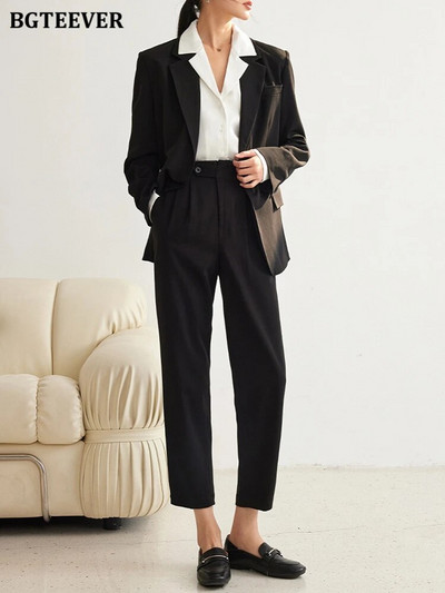 BGTEEVER Proljetni ženski komplet sakoa od 2 komada dugih rukava, jakne s jednim gumbom i hlače širokih nogavica Ženska odijela s hlačama