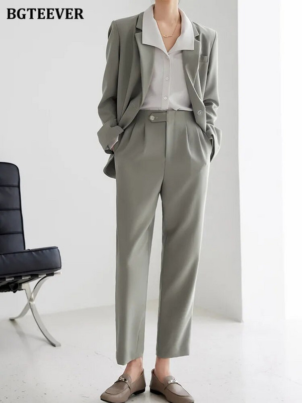 BGTEEVER Proljetni ženski komplet sakoa od 2 komada dugih rukava, jakne s jednim gumbom i hlače širokih nogavica Ženska odijela s hlačama