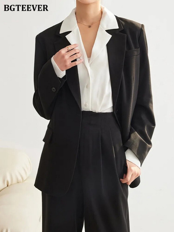 BGTEEVER Proljetni ženski komplet sakoa od 2 komada dugih rukava, jakne s jednim gumbom i hlače širokih nogavica Ženska odijela s hlačama