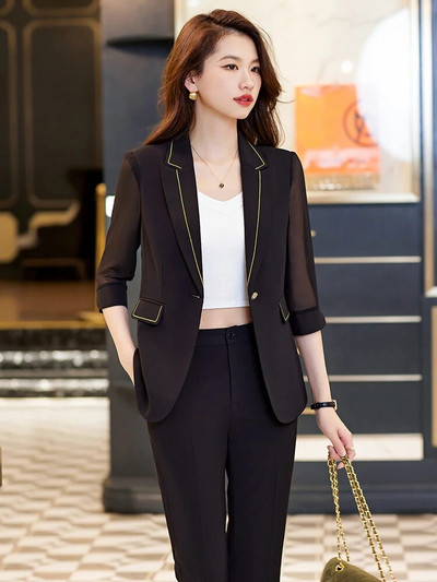 Ljeto Proljetno odijelo s hlačama Žensko žensko crno-bijelo kaki sako do pola rukava i hlače Ženska radna odjeća Formalni set od 2 komada