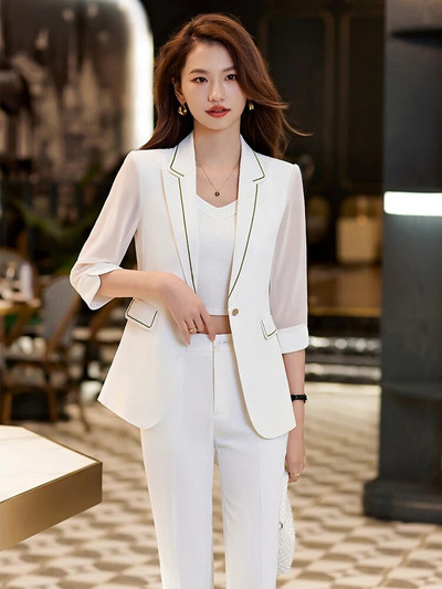 Ljeto Proljetno odijelo s hlačama Žensko žensko crno-bijelo kaki sako do pola rukava i hlače Ženska radna odjeća Formalni set od 2 komada