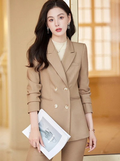 Aukštos kokybės moteriškas kelnių kostiumas biuro moteriškas tamsiai mėlynas švarkas ir kelnės Moteriška verslo apranga, formalus 2 dalių komplektas