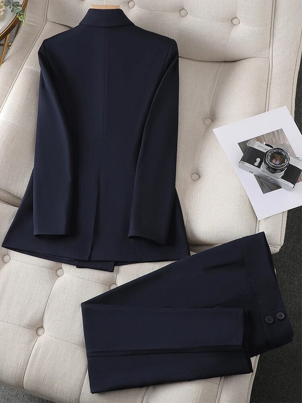 Aukštos kokybės moteriškas kelnių kostiumas biuro moteriškas tamsiai mėlynas švarkas ir kelnės Moteriška verslo apranga, formalus 2 dalių komplektas