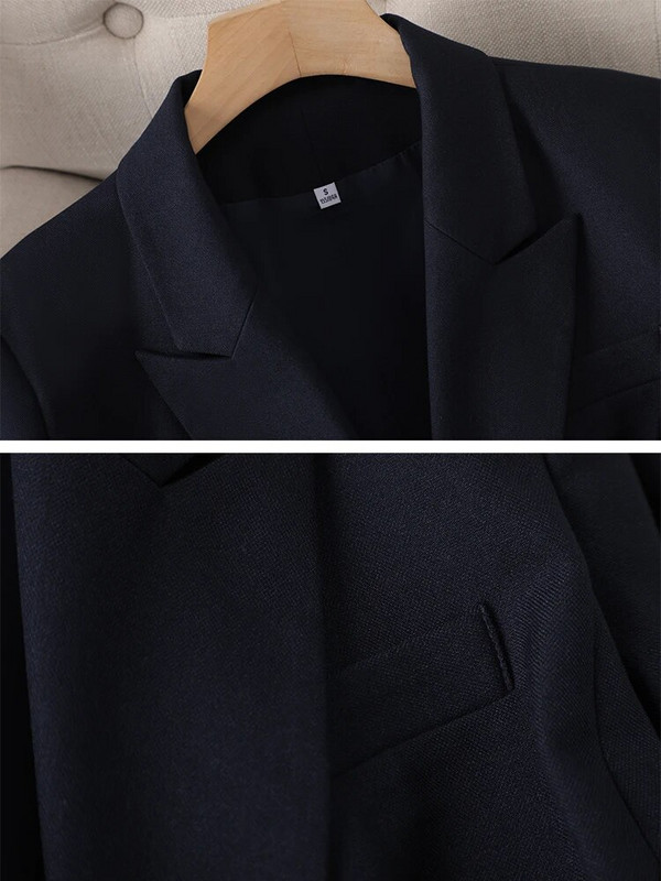 Aukštos kokybės moteriškas kelnių kostiumas biuro moteriškas tamsiai mėlynas švarkas ir kelnės Moteriška verslo apranga, formalus 2 dalių komplektas