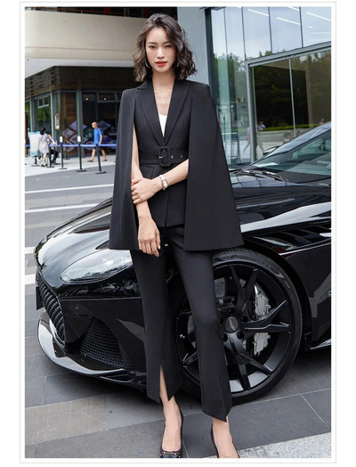 Korejski visokokvalitetni proljetno-jesenski ženski pončo ogrtač, elegantni ogrtač, jakna, gornja odjeća, hlače, ležerna uredska dama, modni komplet od 2 komada