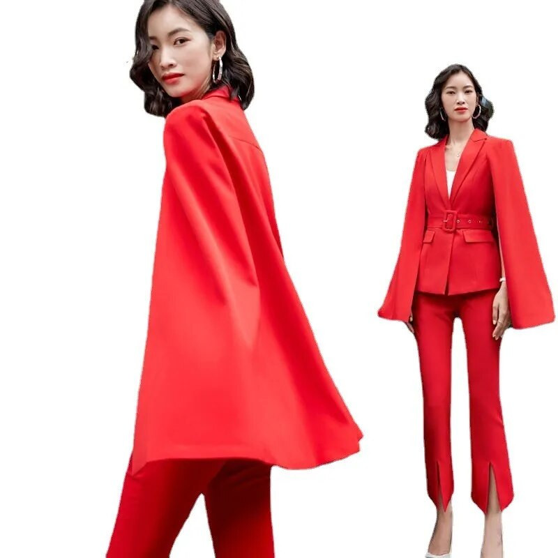 Korejski visokokvalitetni proljetno-jesenski ženski pončo ogrtač, elegantni ogrtač, jakna, gornja odjeća, hlače, ležerna uredska dama, modni komplet od 2 komada