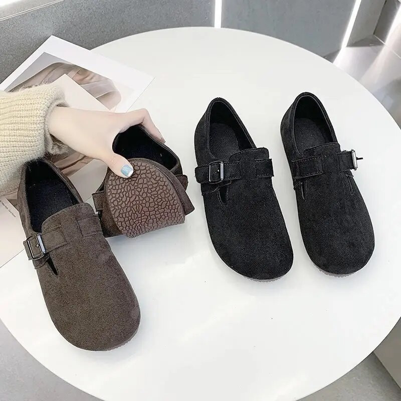 2022. gada jauni vienkrāsaini īsi zābaki ar sprādzes siksniņu Sieviešu apavi pūkaini plīša, uzvelkami plakani apavi Ziemas silti zābaciņi sieviešu sniega zābaki