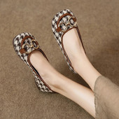 Sieviešu rūtaini suide Laivu apavi Kvadrātveida purngals Metāla pumpas kostīms Tvīds Slip uz zemiem papēžiem Sieviešu kleita Apavi Jauns stils Scarpe donna