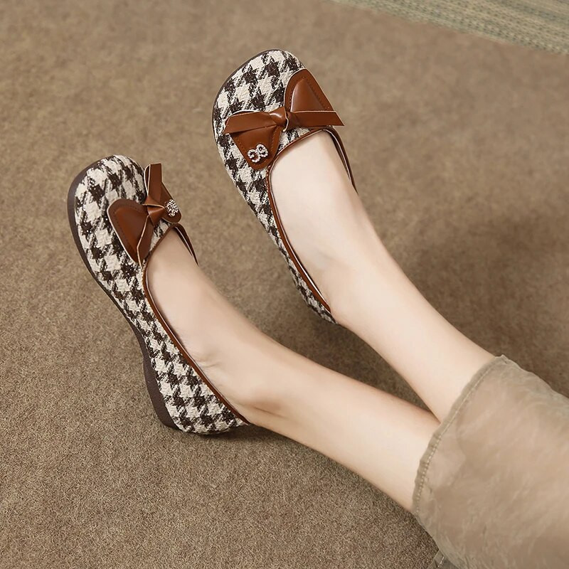 Sieviešu rūtaini suide Laivu apavi Kvadrātveida purngals Metāla pumpas kostīms Tvīds Slip uz zemiem papēžiem Sieviešu kleita Apavi Jauns stils Scarpe donna