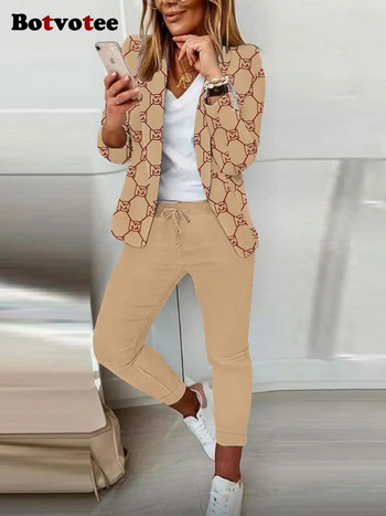 Botvotee Γυναικεία στάμπα με μολύβι παντελόνι 2 τεμαχίων + μακρυμάνικο ζακέτες Blazer Fashion 2023 Spring Office Lady