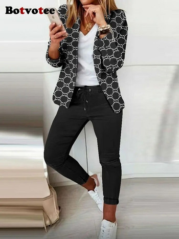Botvotee Γυναικεία στάμπα με μολύβι παντελόνι 2 τεμαχίων + μακρυμάνικο ζακέτες Blazer Fashion 2023 Spring Office Lady