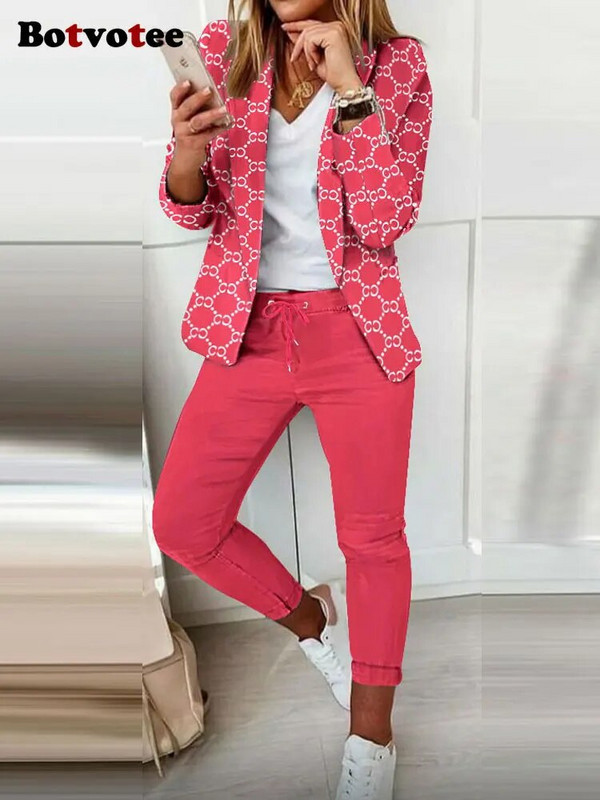 Botvotee irodai viselet női nyomtatott húzózsinóros ceruza nadrág 2 részes + hosszú ujjú kardigán blézer divat 2023 tavaszi irodai hölgy
