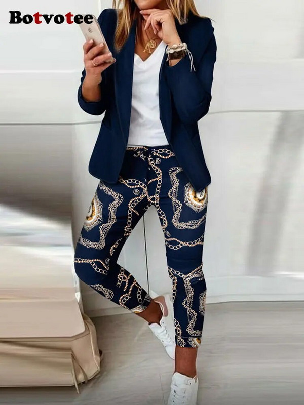 Botvotee irodai viselet női nyomtatott húzózsinóros ceruza nadrág 2 részes + hosszú ujjú kardigán blézer divat 2023 tavaszi irodai hölgy