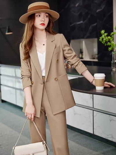 Augstas kvalitātes rudens ziemas dāmu bikškostīms sieviešu lietišķais darba apģērbs žakete un bikses aprikožu kafija melna formāls 2 gabalu komplekts