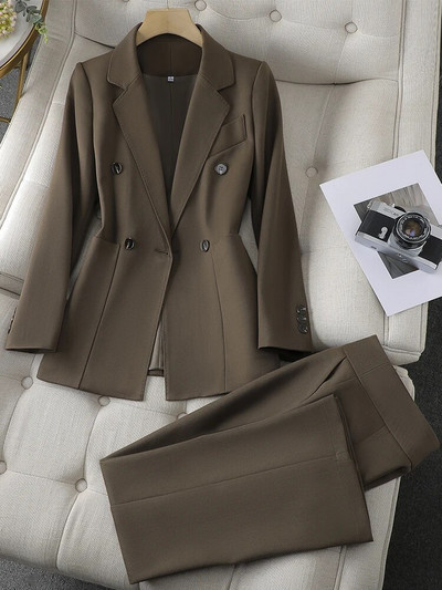 Augstas kvalitātes rudens ziemas dāmu bikškostīms sieviešu lietišķais darba apģērbs žakete un bikses aprikožu kafija melna formāls 2 gabalu komplekts