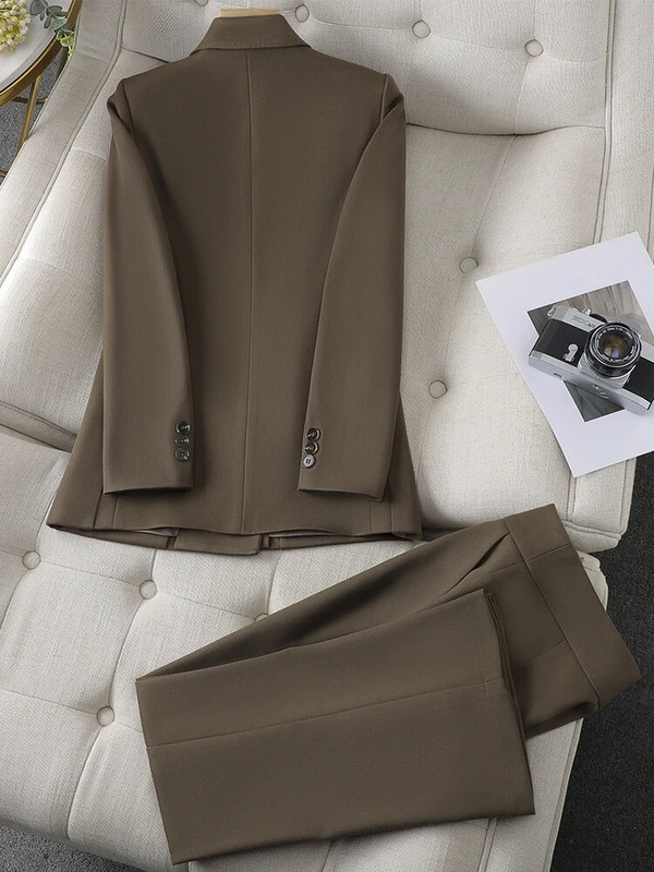 Augstas kvalitātes rudens ziemas dāmu bikškostīms sieviešu lietišķais darba apģērbs žakete un bikses aprikožu kafija melna formāls 2 gabalu komplekts