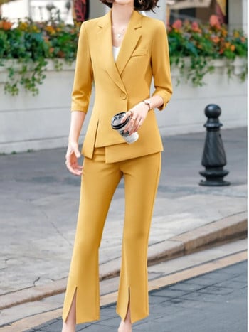 Νέα μόδα γυναικεία επίσημη κοστούμι γραφείου Vintage Slim μονόχρωμο σακάκι σπαστό παντελόνι 2 τεμαχίων Γυναικείο κομψό κομψό παντελόνι