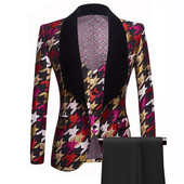 Jauni Zelta Houndstooth apdrukāti uzvalki vīriešiem Slim Fit, svinīgi kāzu līgavainis smokings, elegants samta atloks, žaketes veste bikses, 3 dab.