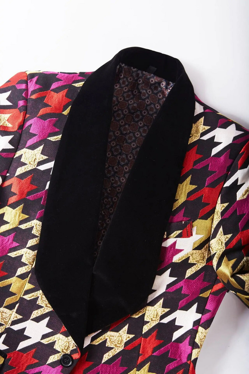 Jauni Zelta Houndstooth apdrukāti uzvalki vīriešiem Slim Fit, svinīgi kāzu līgavainis smokings, elegants samta atloks, žaketes veste bikses, 3 dab.
