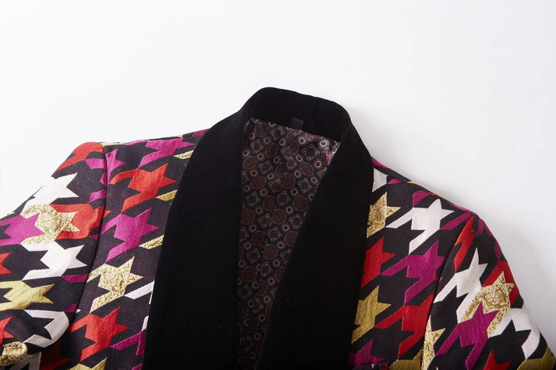 Jauni Zelta Houndstooth apdrukāti uzvalki vīriešiem Slim Fit, svinīgi kāzu līgavainis smokings, elegants samta atloks, žaketes veste bikses, 3 dab.