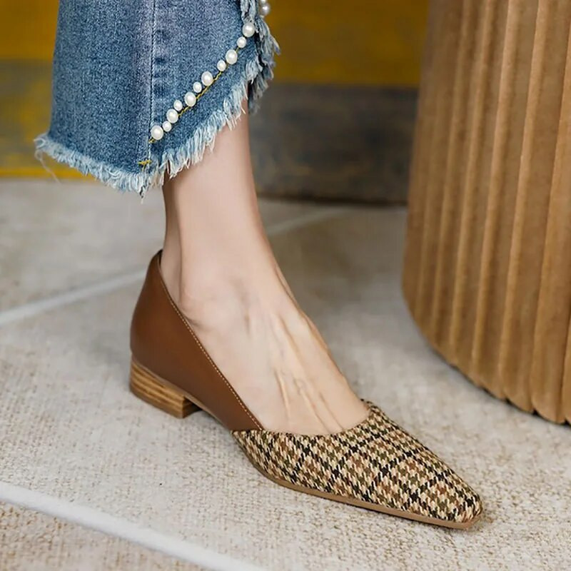 Sieviešu dzīvokļi, 2023. gada pavasara modes rūtaini laivu apavi, savārstīti kleitas apavi Vintage žakarda auduma sieviešu apavi 1214N