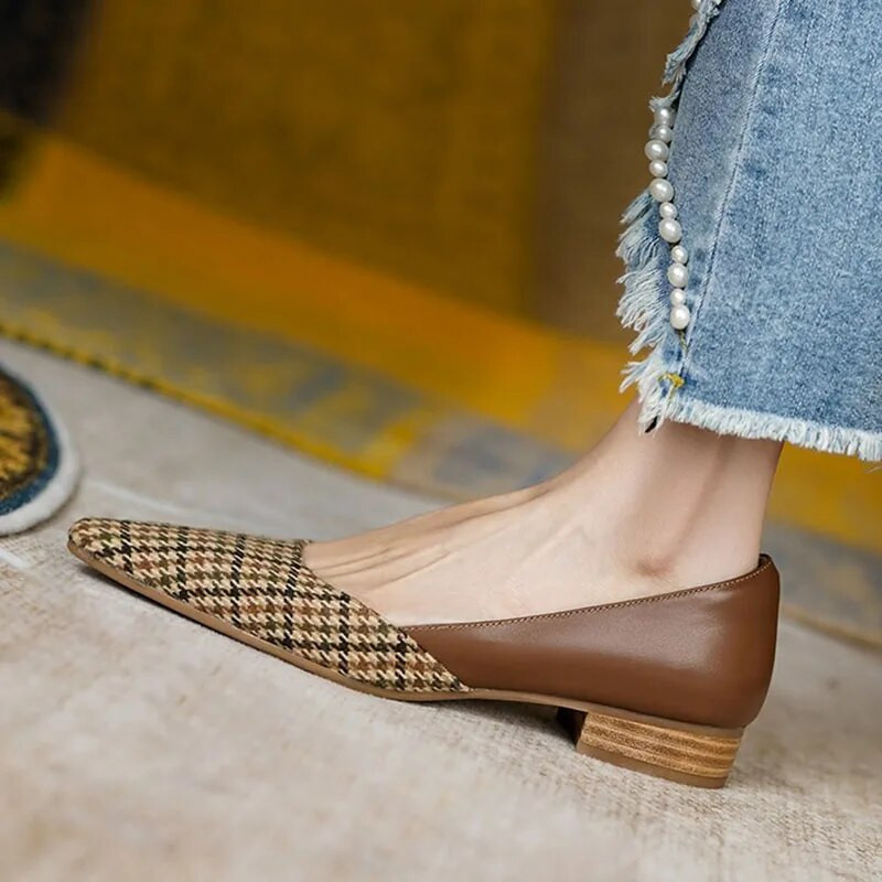 Sieviešu dzīvokļi, 2023. gada pavasara modes rūtaini laivu apavi, savārstīti kleitas apavi Vintage žakarda auduma sieviešu apavi 1214N