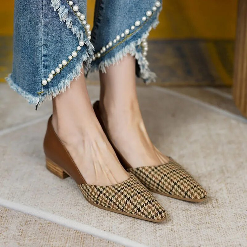 Sieviešu dzīvokļi, 2023. gada pavasara modes rūtaini laivu apavi, savārstīti kleitas apavi Vintage žakarda auduma sieviešu apavi 1214N