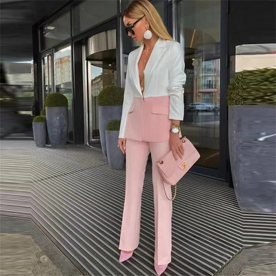 Sieviešu žakešu kostīmi divdaļīgie komplekti jauni balti rozā debeszili savienojuma krāsa vienas pogas bikšu komplekts biroja formāti uzvalki