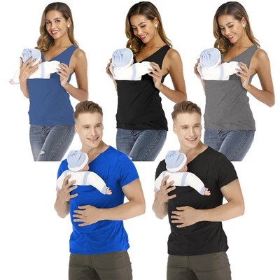 Ασφαλές μπλουζάκι με τσέπη καγκουρό Βρεφικό πορτ μπεμπέ Καλοκαιρινά ρούχα εγκυμοσύνης Mother Father Κοντά μανίκια μπλουζάκια που ταΐζουν νάιλον βαμβακερά μπλουζάκια