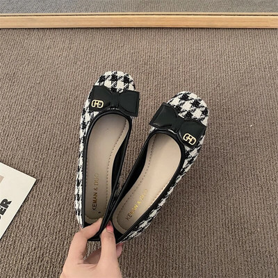 Ženske ravne cipele s pravougaonim vrhovima s četvrtastim prstima, karirani kostim, ravne cipele od tvida za ženske proljetne ženske natikače 1125N