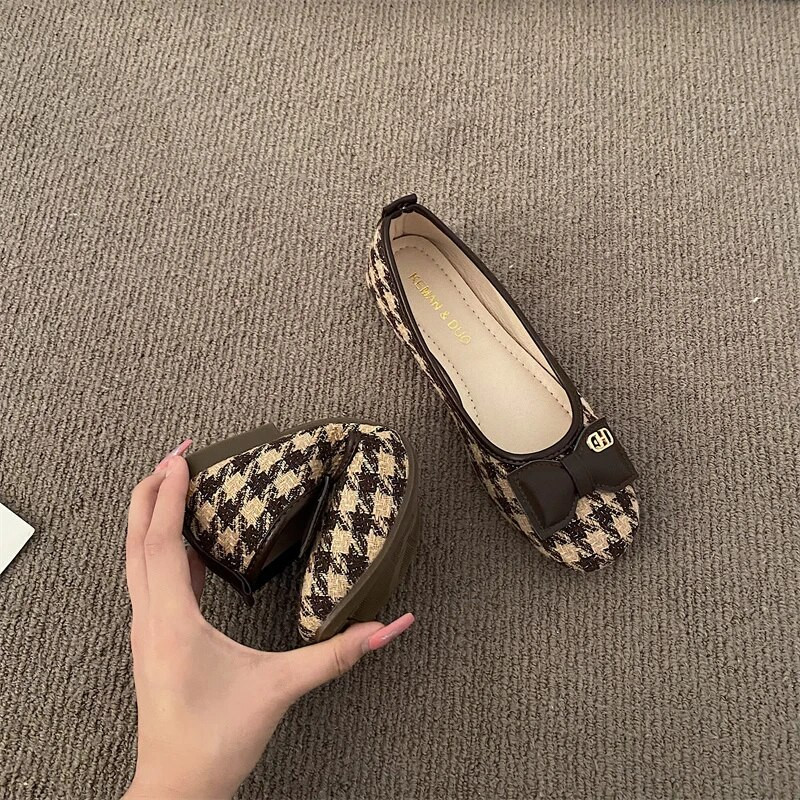 Ženske ravne cipele s pravougaonim vrhovima s četvrtastim prstima, karirani kostim, ravne cipele od tvida za ženske proljetne ženske natikače 1125N