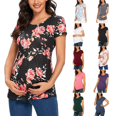 Great Mom Sieviešu grūtnieču gadījuma ziedu apdruka ar īsām piedurknēm Peplum tops vasarai
