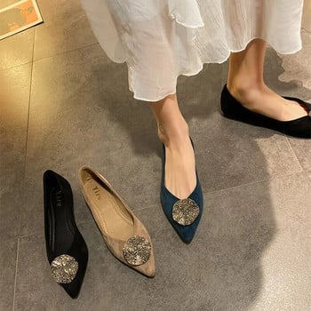 Ретро метални декоративни модни велурени обувки в корейски стил за жени Пролет/есен Плитки плоски обувки Дамски остри ежедневни обувки тип лодка