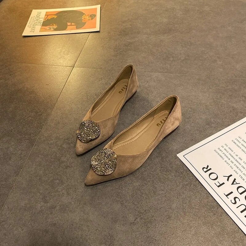 Retro metalne ukrasne modne cipele od brušene kože u korejskom stilu za proljeće/jesen Plitke ravne cipele Ženske cipele na špic za slobodno vrijeme