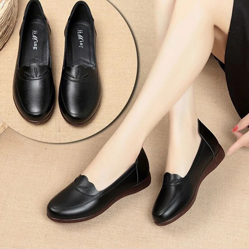 Apavi ar plakanu zoli PU ādas apavi sievietēm Ērti zema papēža, pret slīdēšanas apaļa purngala darba apavi Sekli uzvelkami pavasara rudens pilienu piegāde