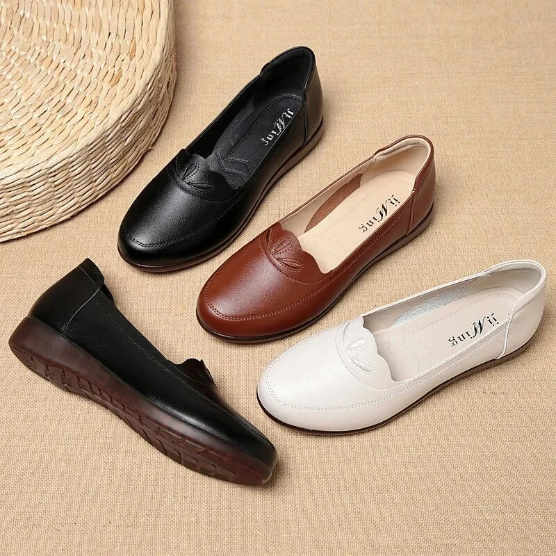 Apavi ar plakanu zoli PU ādas apavi sievietēm Ērti zema papēža, pret slīdēšanas apaļa purngala darba apavi Sekli uzvelkami pavasara rudens pilienu piegāde