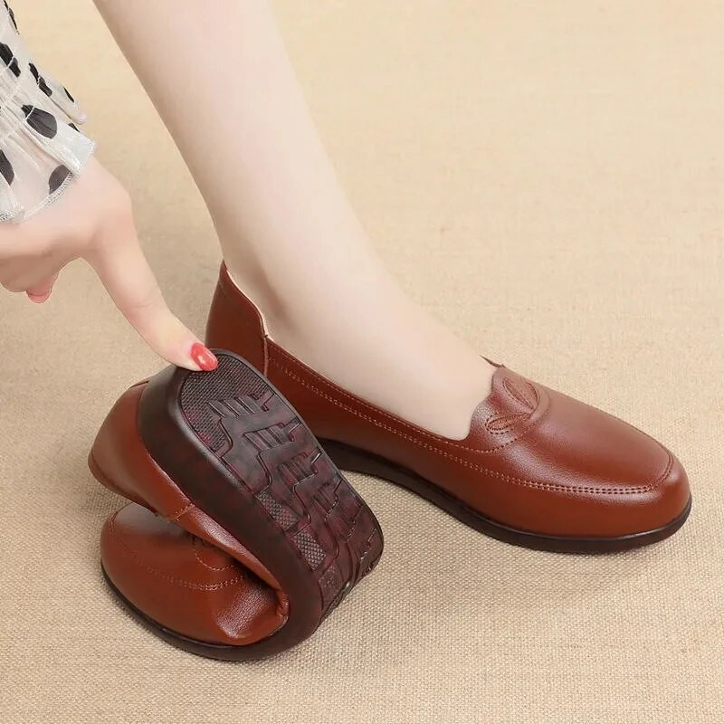 Apavi ar plakanu zoli PU ādas apavi sievietēm Ērti zema papēža, pret slīdēšanas apaļa purngala darba apavi Sekli uzvelkami pavasara rudens pilienu piegāde