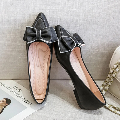 Proljetne nove ravne cipele s mašnom i šiljatim vrhom Ženske vjenčane cipele, kožne velike mašne, jednobojne plus male veličine 33-43 Vc3094