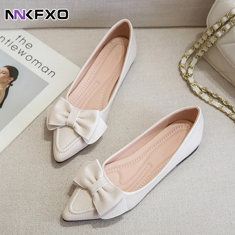 Proljetne nove ravne cipele s mašnom i šiljatim vrhom Ženske vjenčane cipele, kožne velike mašne, jednobojne plus male veličine 33-43 Vc3094