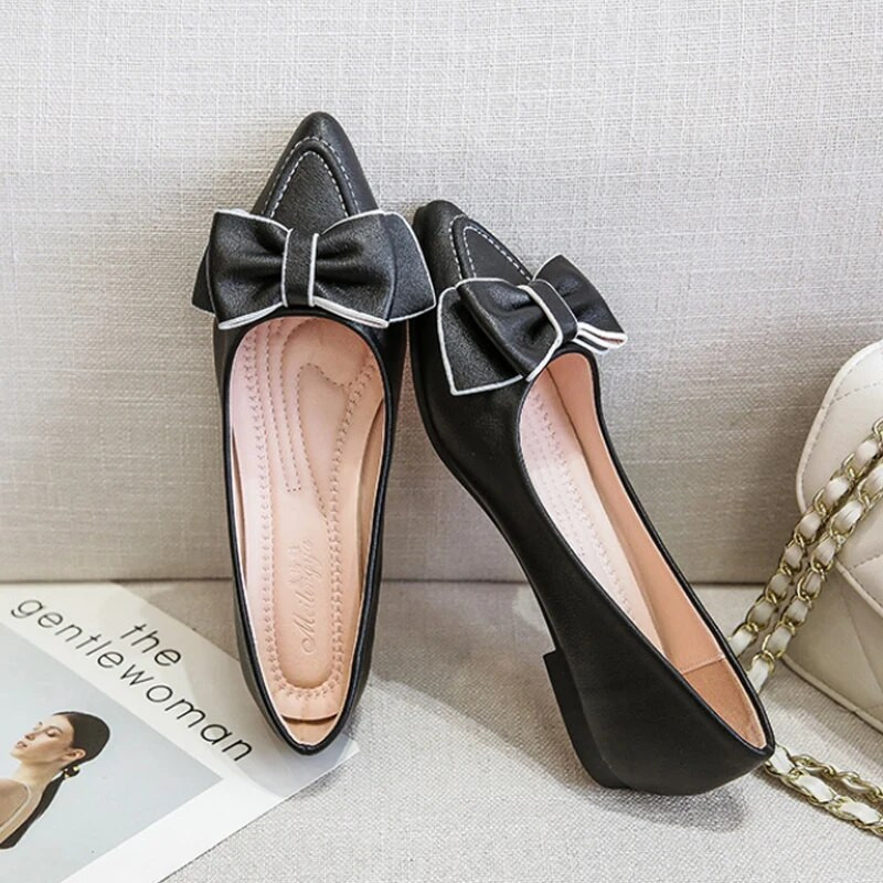 Proljetne nove ravne cipele s mašnom i šiljatim vrhom Ženske vjenčane cipele, kožne velike mašne, jednobojne plus male veličine 33-43 Vc3094