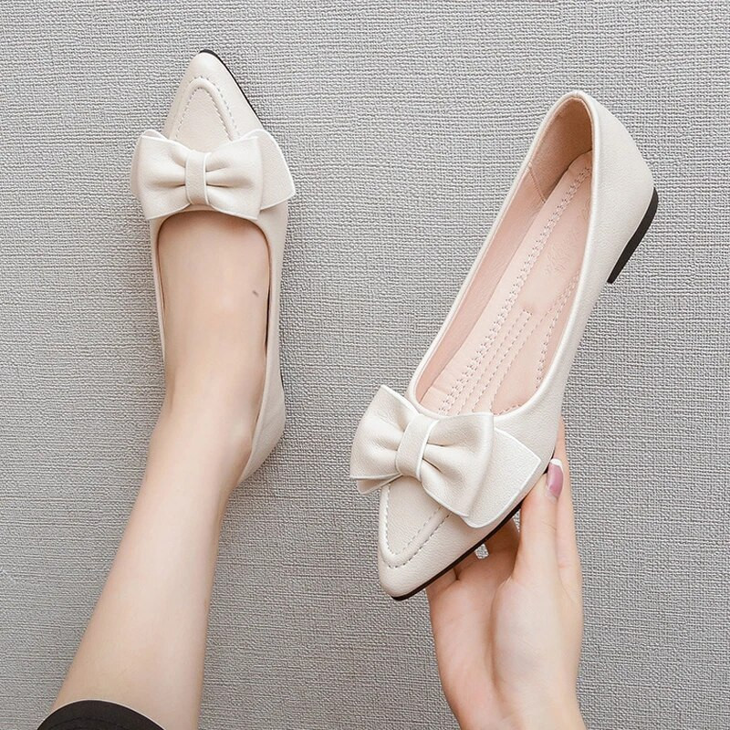 Proljetne nove ravne cipele s mašnom i šiljatim vrhom Ženske vjenčane cipele, kožne velike mašne, jednobojne plus male veličine 33-43 Vc3094