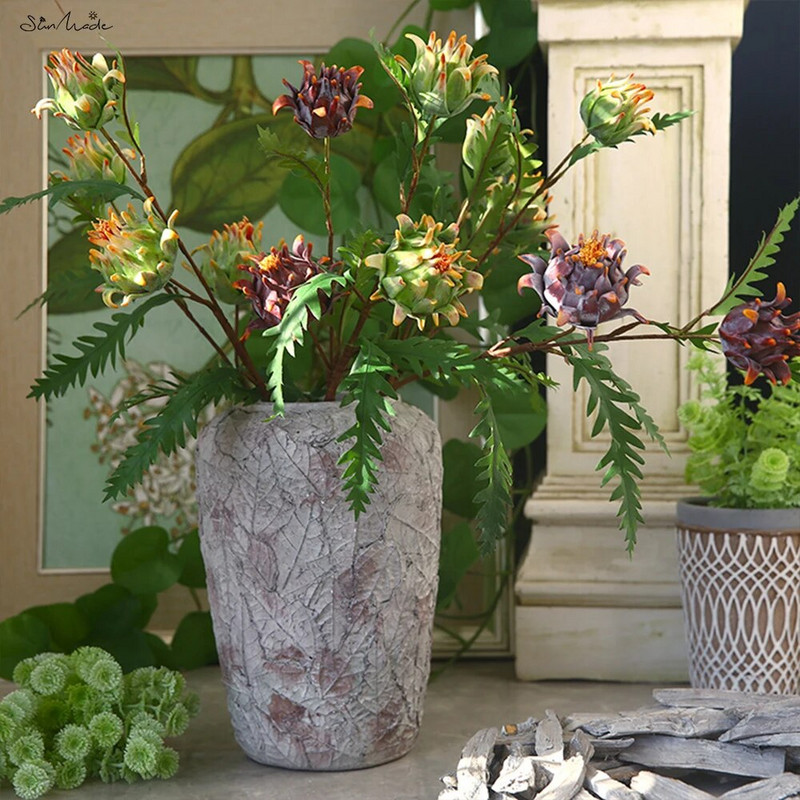 SunMade Luksuzni 2-Head Protea Cynaroides Grana Vintage lažno cvijeće Jesenski ukrasi Home Hotel Decor Fleurs Artificiais Vjenčanje